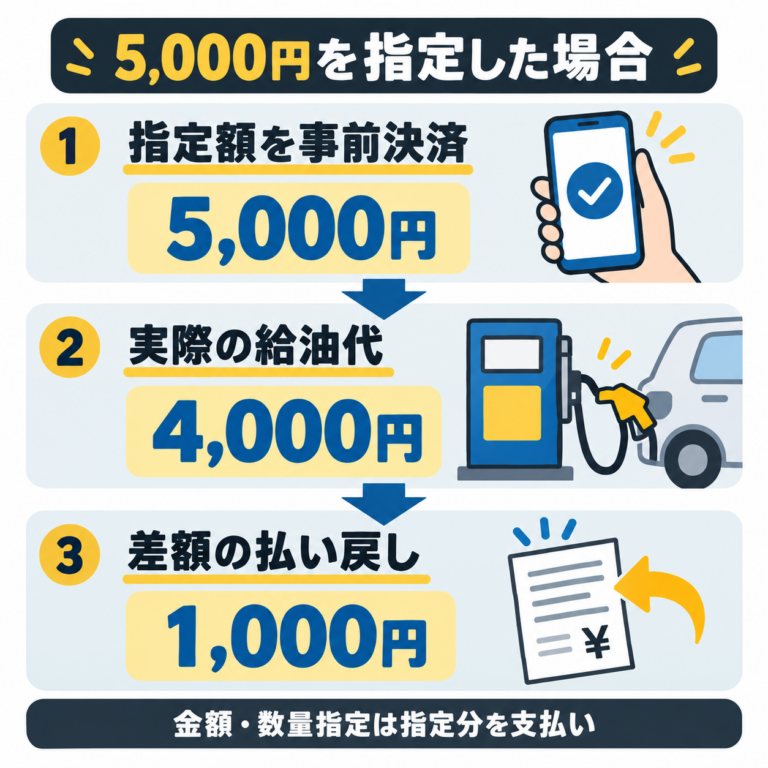 金額指定の例。5,000円を事前決済し、4,000円分で給油が終了すると、差額1,000円が払い戻されます