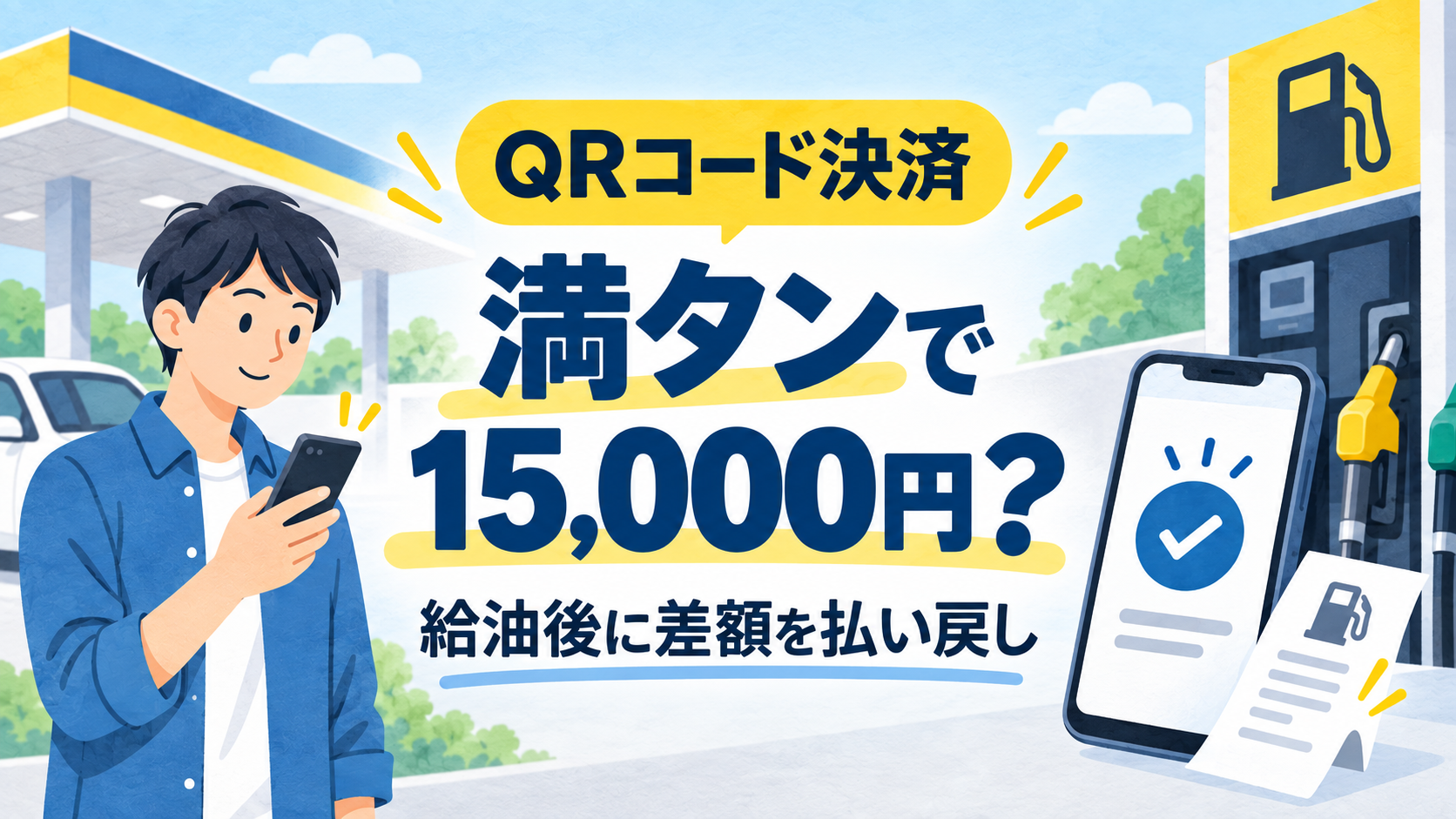 QRコード決済の満タン給油では15,000円を事前決済し、給油後に差額を払い戻す案内
