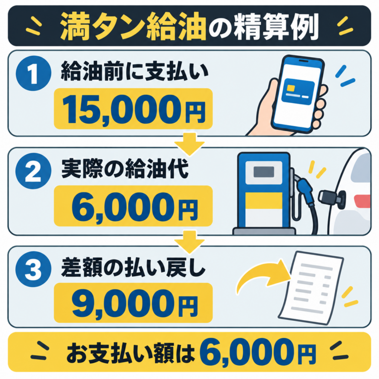 満タン給油の例。15,000円を事前決済し、6,000円分を給油すると、差額9,000円が払い戻されます